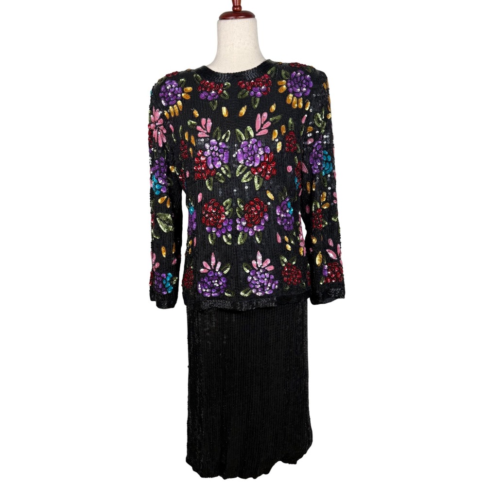 Jean for‎ Joseph Le Bon Sequin Silk Two Piece Set Womens L Black Floral Vintage